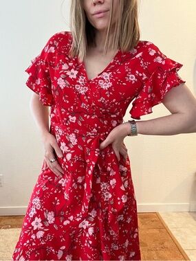 Max Studio Red Floral Wrap Midi Dress with Flutter Sleeves